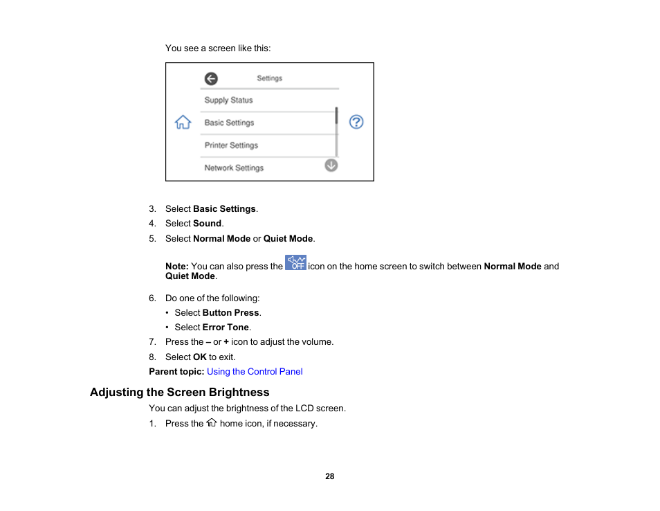 Adjusting the screen brightness | Epson Expression Photo XP-8700 Wireless All-in One Color Printer User Manual | Page 28 / 350