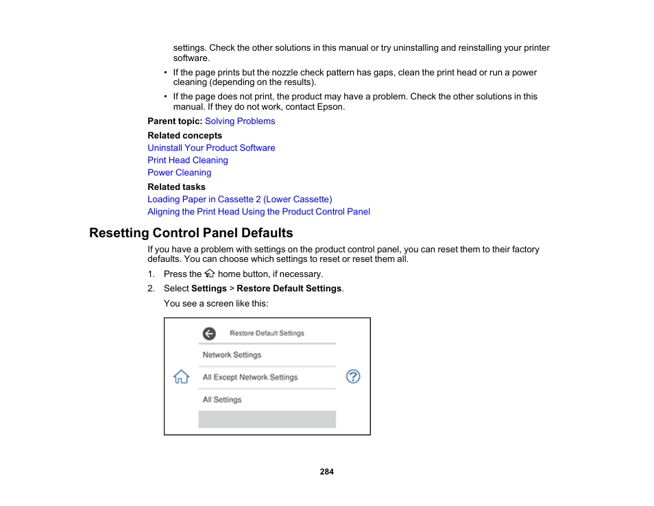 Resetting control panel defaults | Epson Expression Photo XP-8700 Wireless All-in One Color Printer User Manual | Page 284 / 350