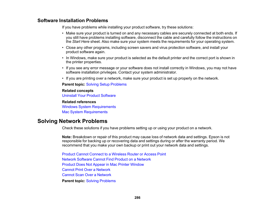 Software installation problems, Solving network problems | Epson Expression Photo XP-8700 Wireless All-in One Color Printer User Manual | Page 286 / 350