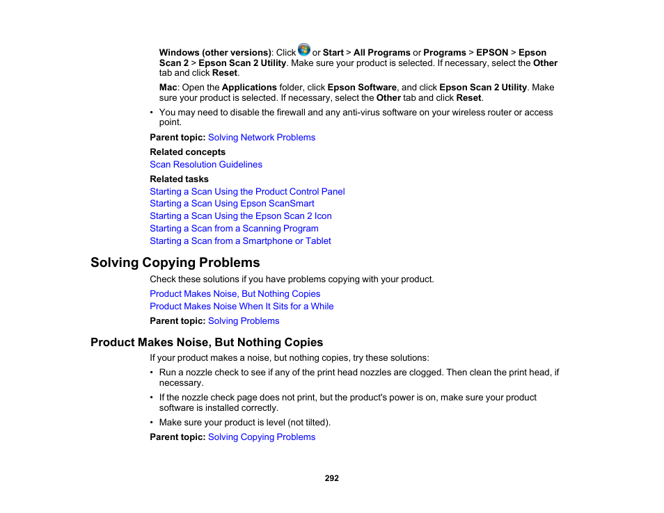 Solving copying problems, Product makes noise, but nothing copies | Epson Expression Photo XP-8700 Wireless All-in One Color Printer User Manual | Page 292 / 350