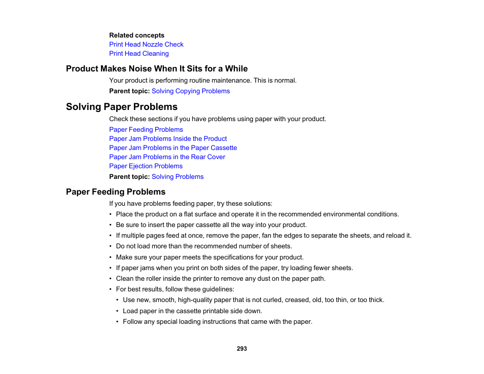 Product makes noise when it sits for a while, Solving paper problems, Paper feeding problems | Epson Expression Photo XP-8700 Wireless All-in One Color Printer User Manual | Page 293 / 350