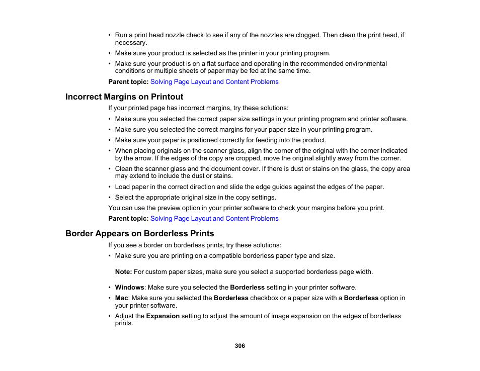 Incorrect margins on printout, Border appears on borderless prints | Epson Expression Photo XP-8700 Wireless All-in One Color Printer User Manual | Page 306 / 350