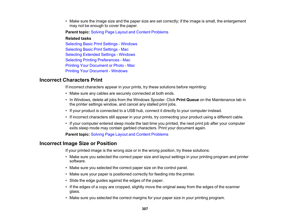 Incorrect characters print, Incorrect image size or position | Epson Expression Photo XP-8700 Wireless All-in One Color Printer User Manual | Page 307 / 350