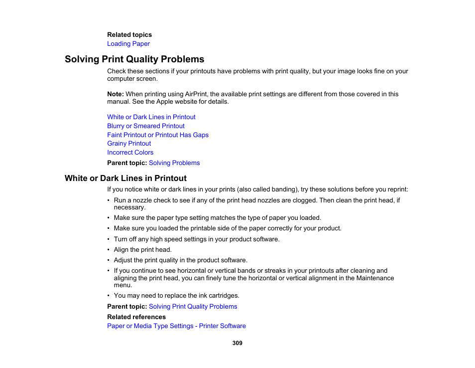 Solving print quality problems, White or dark lines in printout | Epson Expression Photo XP-8700 Wireless All-in One Color Printer User Manual | Page 309 / 350
