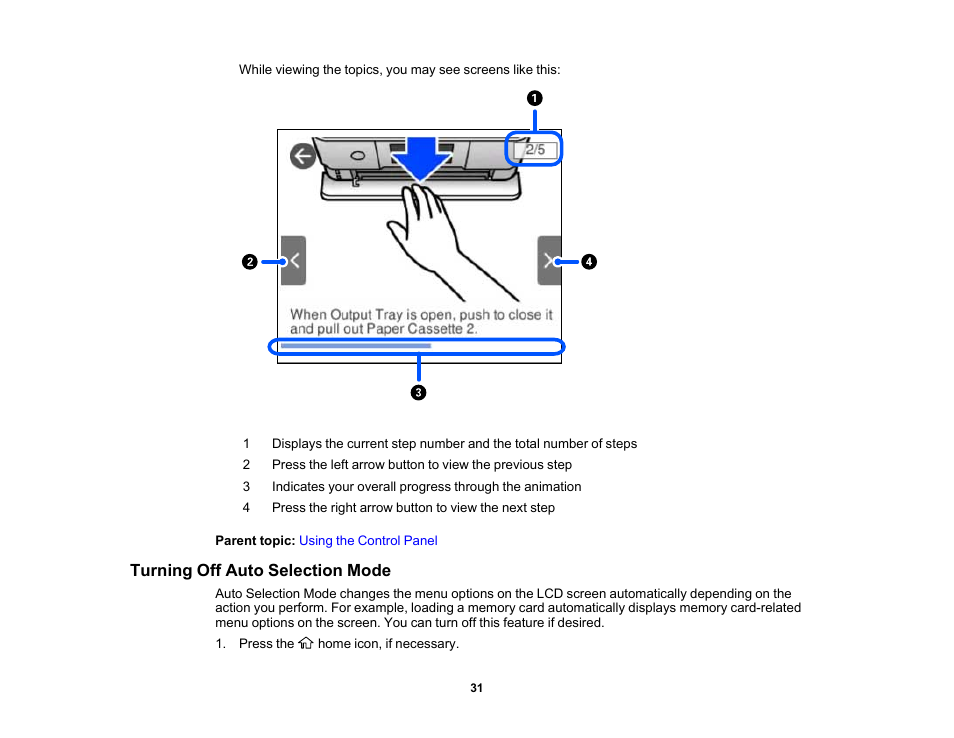 Turning off auto selection mode | Epson Expression Photo XP-8700 Wireless All-in One Color Printer User Manual | Page 31 / 350