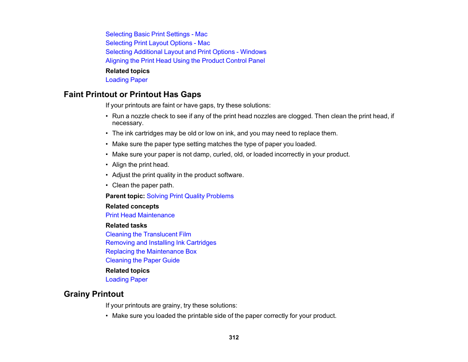 Faint printout or printout has gaps, Grainy printout | Epson Expression Photo XP-8700 Wireless All-in One Color Printer User Manual | Page 312 / 350