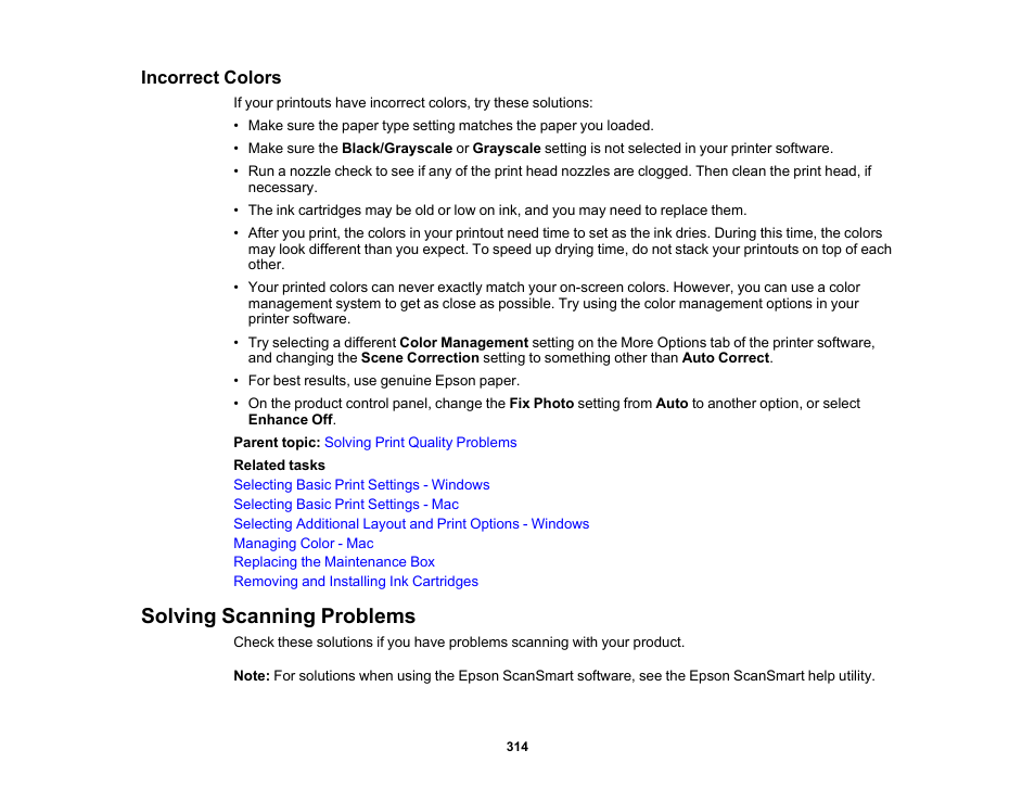 Incorrect colors, Solving scanning problems | Epson Expression Photo XP-8700 Wireless All-in One Color Printer User Manual | Page 314 / 350