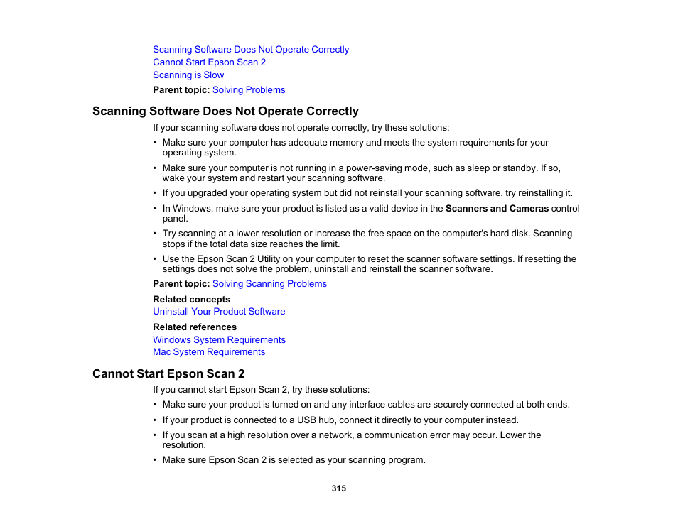 Scanning software does not operate correctly, Cannot start epson scan 2 | Epson Expression Photo XP-8700 Wireless All-in One Color Printer User Manual | Page 315 / 350