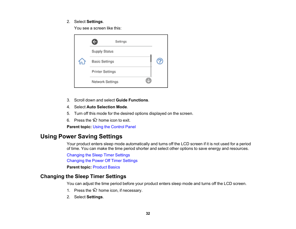 Using power saving settings, Changing the sleep timer settings | Epson Expression Photo XP-8700 Wireless All-in One Color Printer User Manual | Page 32 / 350