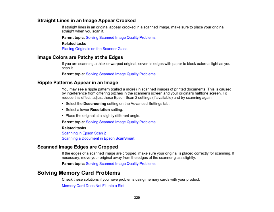 Straight lines in an image appear crooked, Image colors are patchy at the edges, Ripple patterns appear in an image | Scanned image edges are cropped, Solving memory card problems | Epson Expression Photo XP-8700 Wireless All-in One Color Printer User Manual | Page 320 / 350