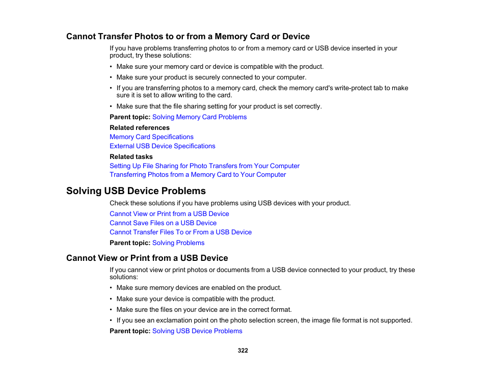 Solving usb device problems, Cannot view or print from a usb device | Epson Expression Photo XP-8700 Wireless All-in One Color Printer User Manual | Page 322 / 350