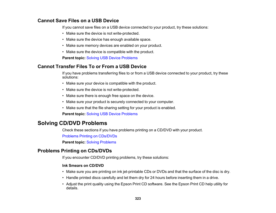 Cannot save files on a usb device, Cannot transfer files to or from a usb device, Solving cd/dvd problems | Problems printing on cds/dvds | Epson Expression Photo XP-8700 Wireless All-in One Color Printer User Manual | Page 323 / 350