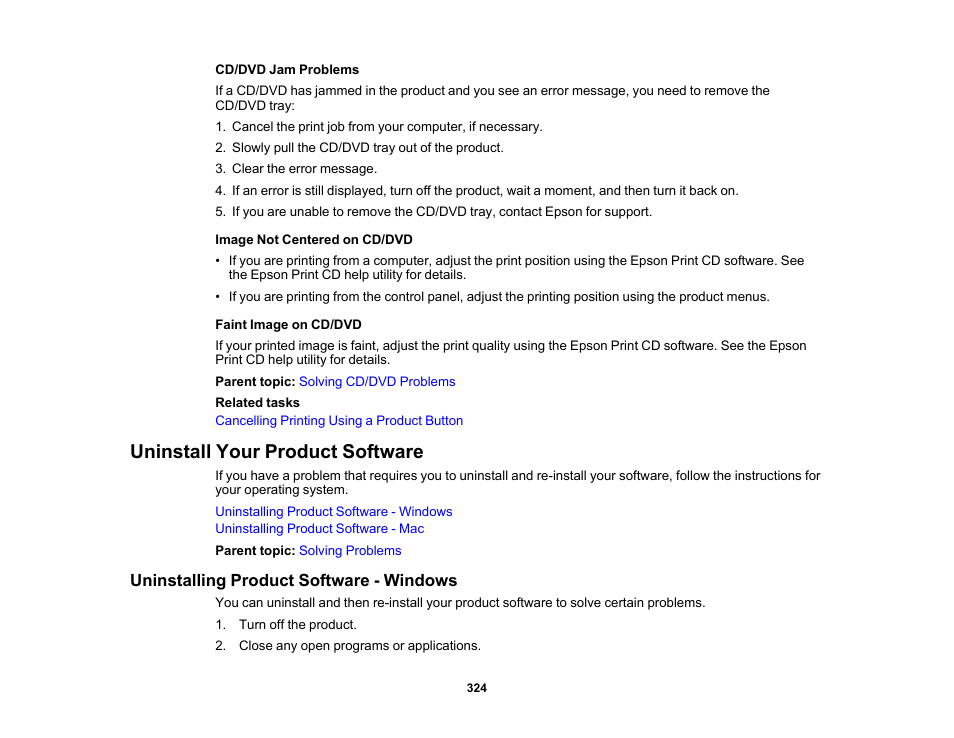 Uninstall your product software, Uninstalling product software - windows | Epson Expression Photo XP-8700 Wireless All-in One Color Printer User Manual | Page 324 / 350