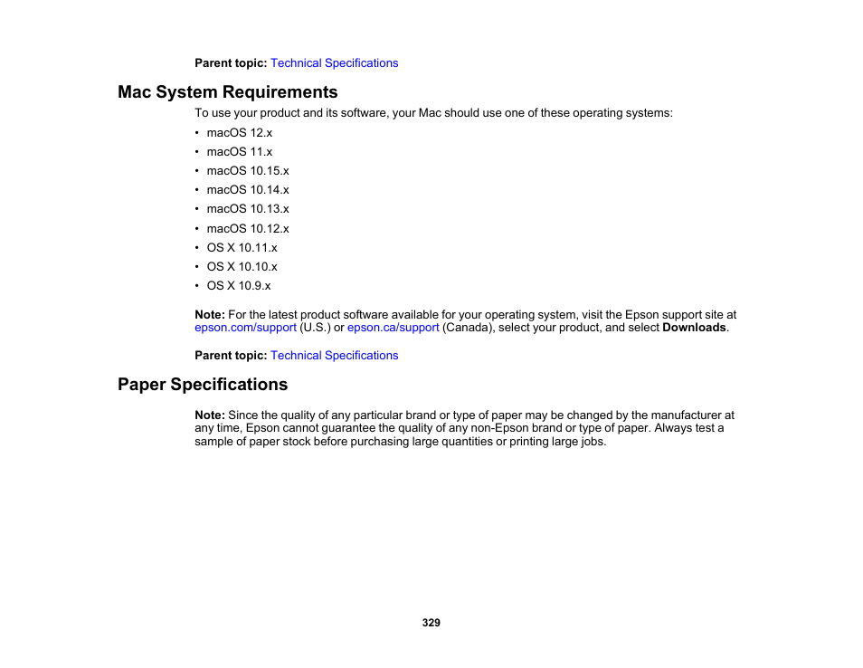 Mac system requirements, Paper specifications, Mac system requirements paper specifications | Epson Expression Photo XP-8700 Wireless All-in One Color Printer User Manual | Page 329 / 350