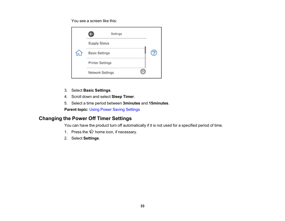 Changing the power off timer settings | Epson Expression Photo XP-8700 Wireless All-in One Color Printer User Manual | Page 33 / 350