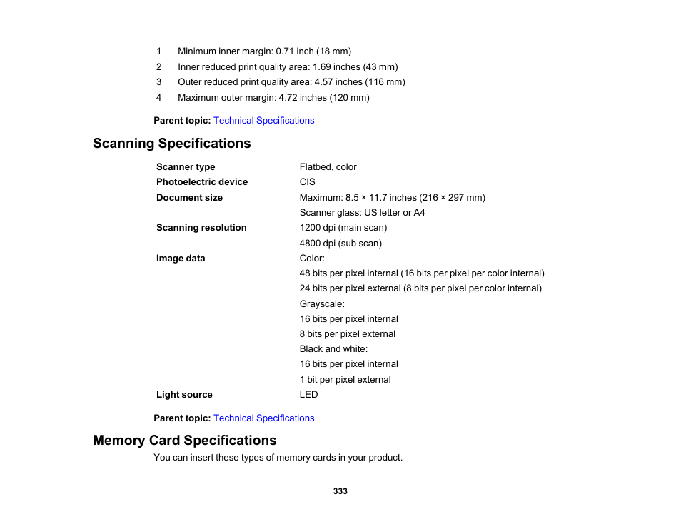 Scanning specifications, Memory card specifications, Scanning specifications memory card specifications | Epson Expression Photo XP-8700 Wireless All-in One Color Printer User Manual | Page 333 / 350