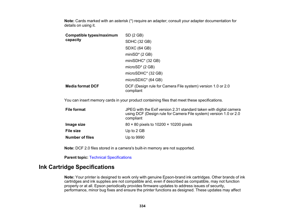 Ink cartridge specifications | Epson Expression Photo XP-8700 Wireless All-in One Color Printer User Manual | Page 334 / 350