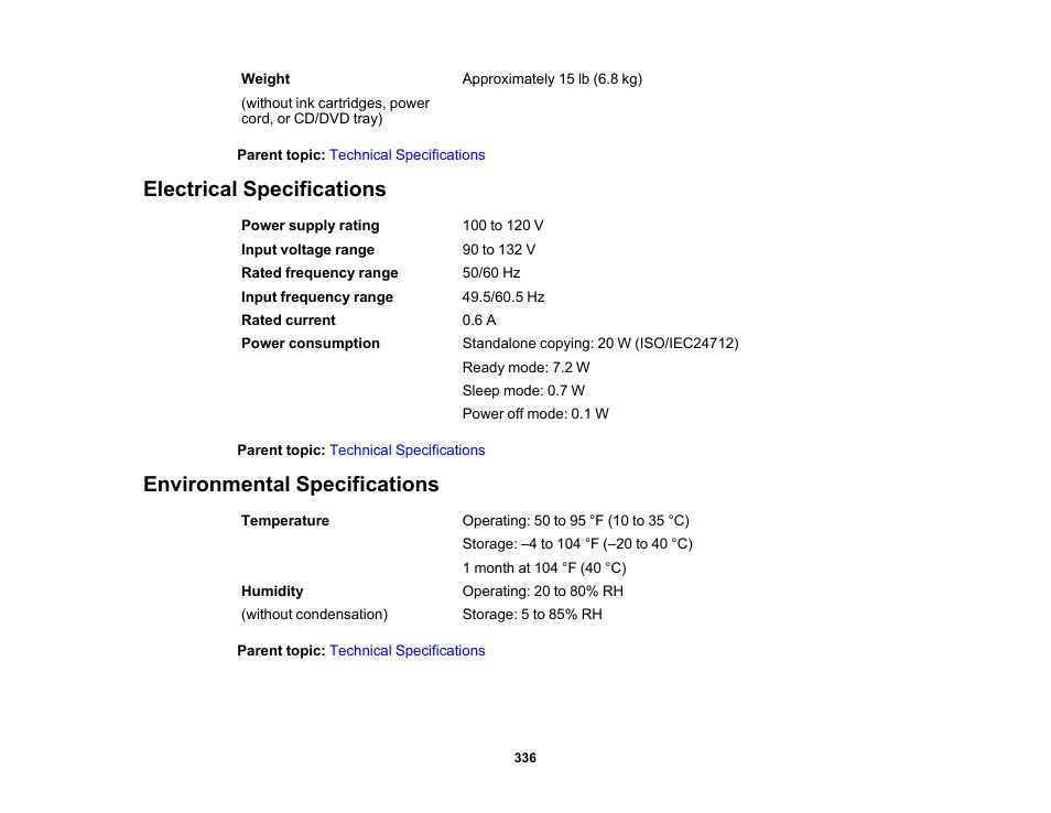 Electrical specifications, Environmental specifications | Epson Expression Photo XP-8700 Wireless All-in One Color Printer User Manual | Page 336 / 350