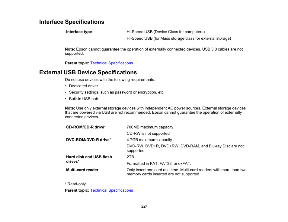 Interface specifications, External usb device specifications | Epson Expression Photo XP-8700 Wireless All-in One Color Printer User Manual | Page 337 / 350