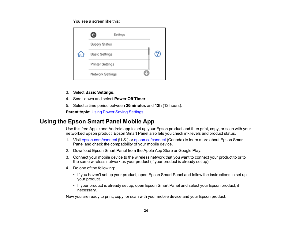 Using the epson smart panel mobile app | Epson Expression Photo XP-8700 Wireless All-in One Color Printer User Manual | Page 34 / 350