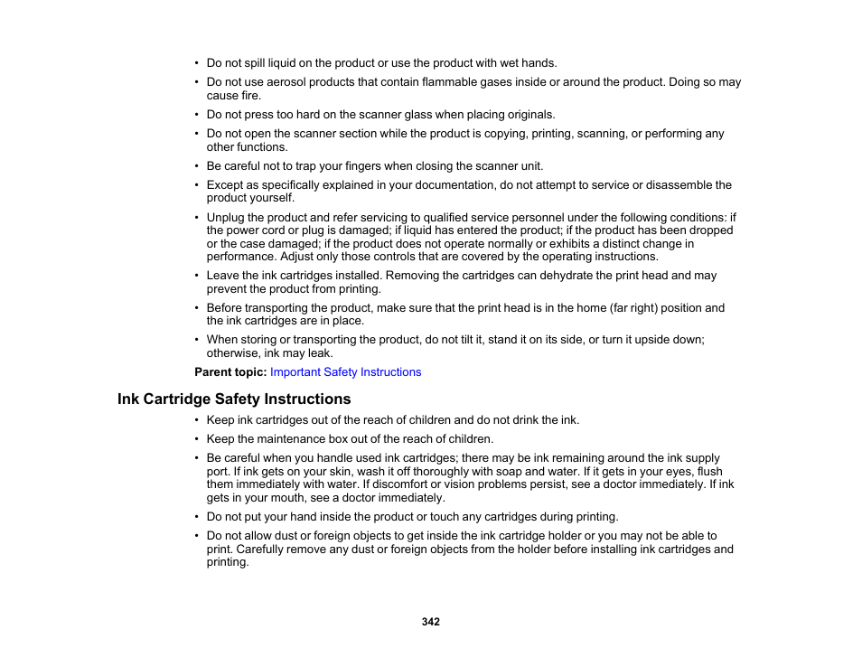 Ink cartridge safety instructions | Epson Expression Photo XP-8700 Wireless All-in One Color Printer User Manual | Page 342 / 350