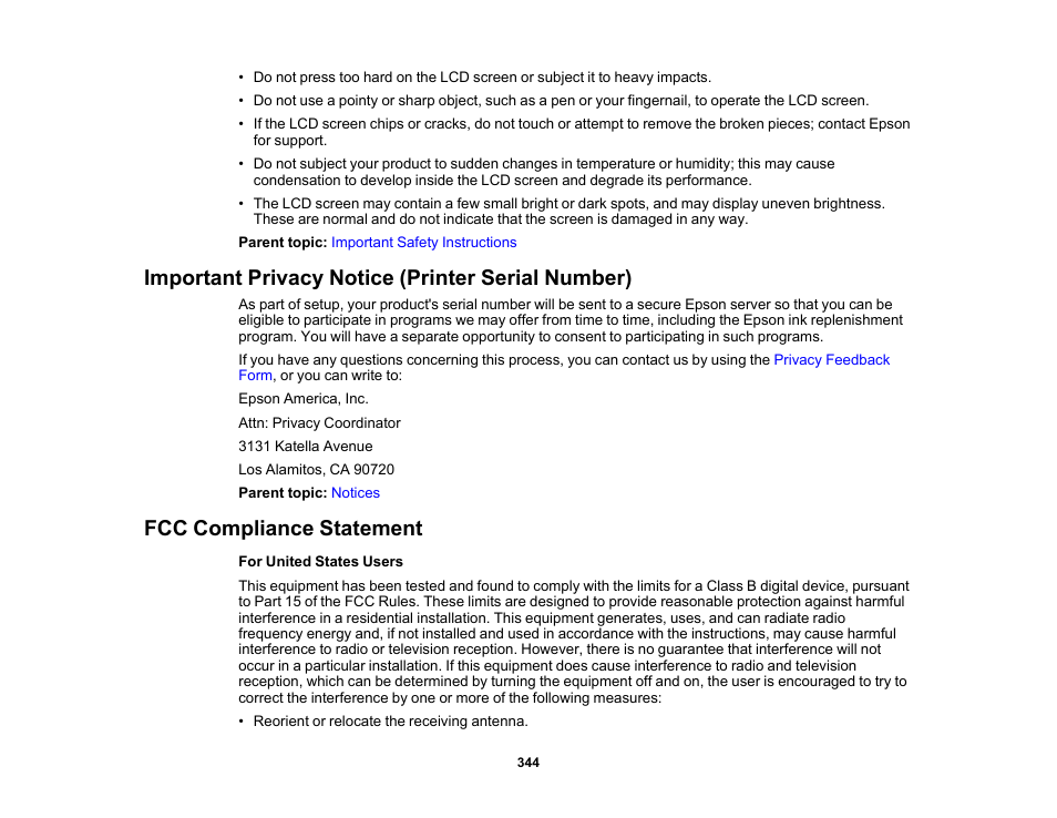 Important privacy notice (printer serial number), Fcc compliance statement | Epson Expression Photo XP-8700 Wireless All-in One Color Printer User Manual | Page 344 / 350
