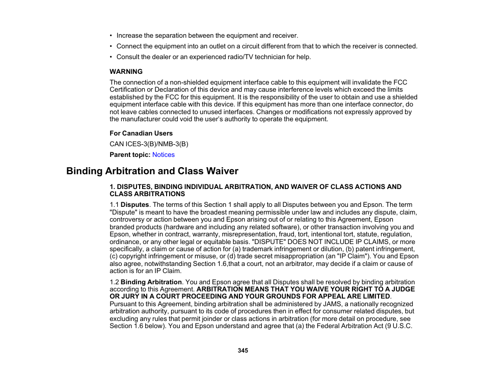 Binding arbitration and class waiver | Epson Expression Photo XP-8700 Wireless All-in One Color Printer User Manual | Page 345 / 350