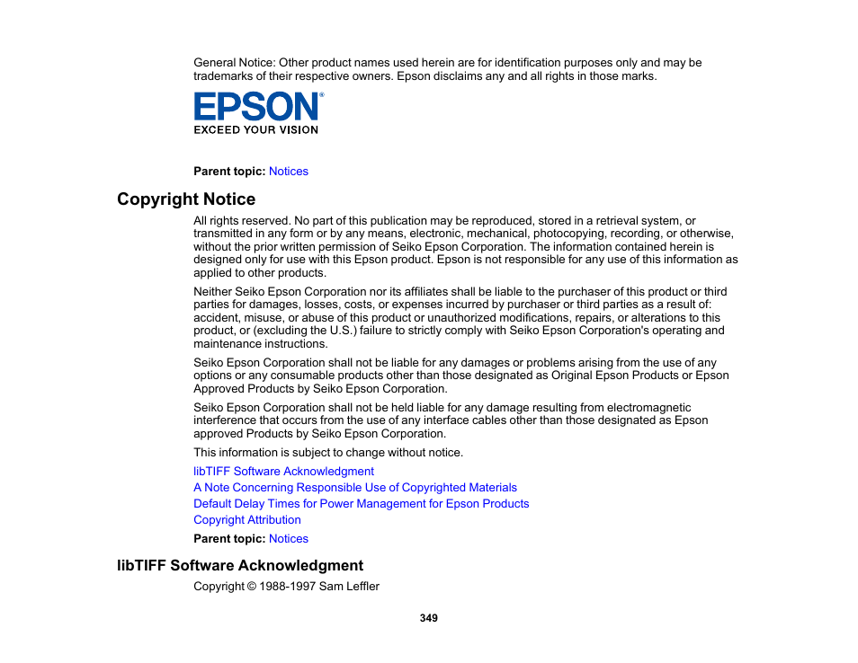 Copyright notice, Libtiff software acknowledgment | Epson Expression Photo XP-8700 Wireless All-in One Color Printer User Manual | Page 349 / 350