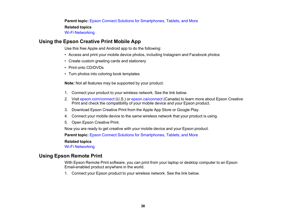 Using the epson creative print mobile app, Using epson remote print | Epson Expression Photo XP-8700 Wireless All-in One Color Printer User Manual | Page 38 / 350