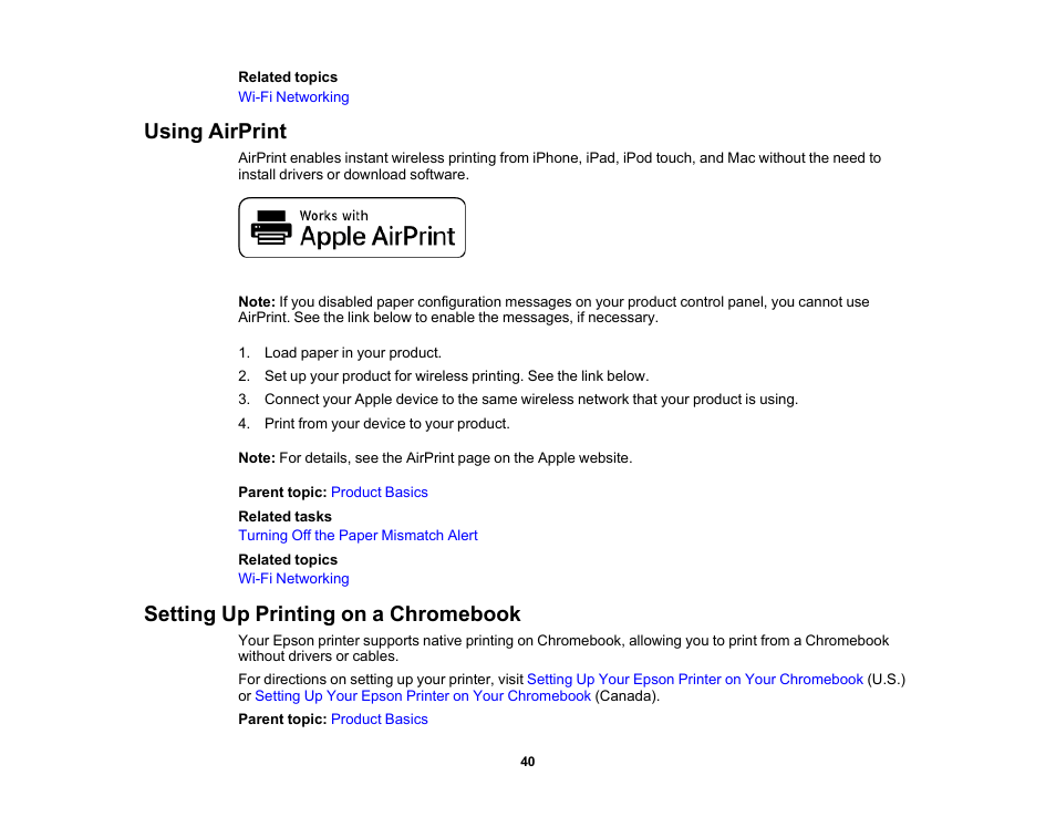 Using airprint, Setting up printing on a chromebook, Using airprint setting up printing on a chromebook | Epson Expression Photo XP-8700 Wireless All-in One Color Printer User Manual | Page 40 / 350