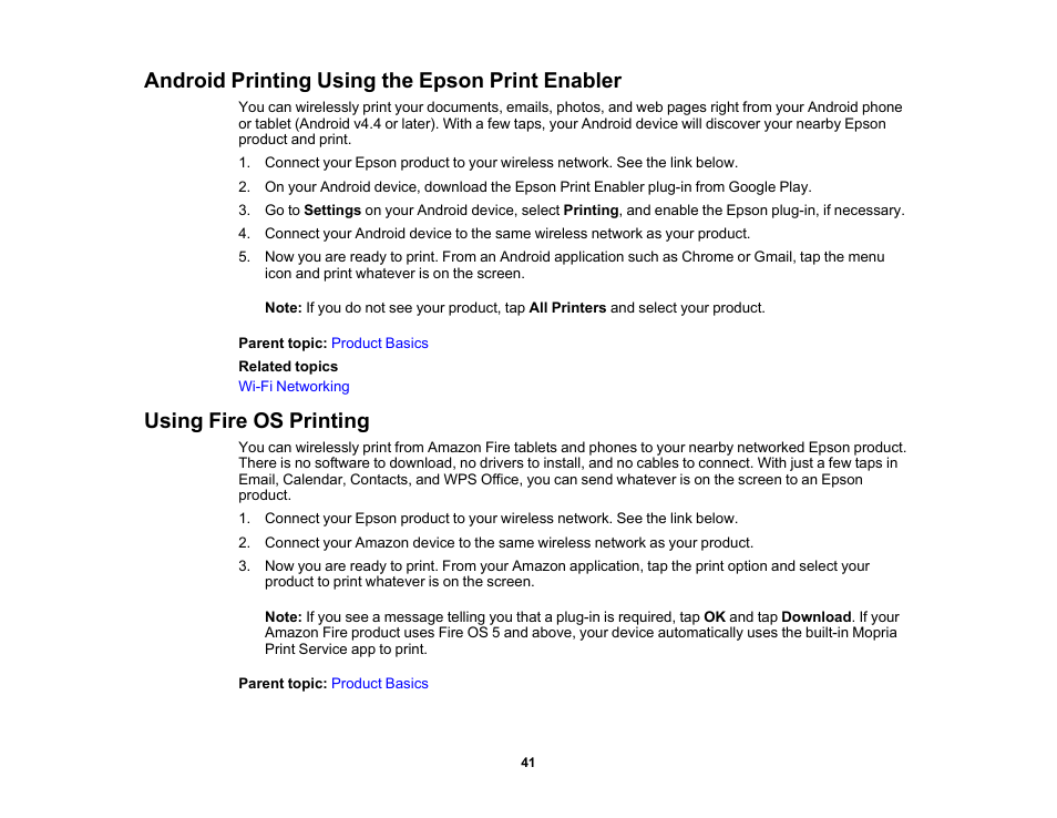 Android printing using the epson print enabler, Using fire os printing | Epson Expression Photo XP-8700 Wireless All-in One Color Printer User Manual | Page 41 / 350