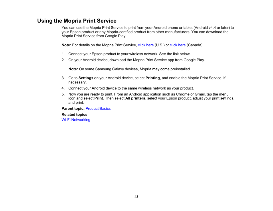 Using the mopria print service | Epson Expression Photo XP-8700 Wireless All-in One Color Printer User Manual | Page 43 / 350