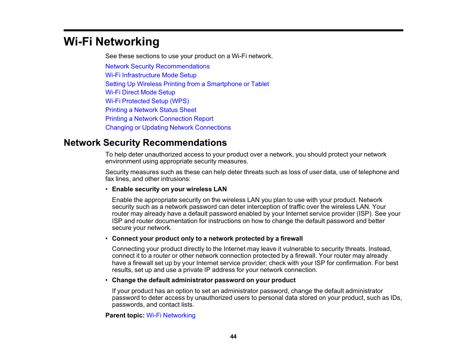 Wi-fi networking, Network security recommendations | Epson Expression Photo XP-8700 Wireless All-in One Color Printer User Manual | Page 44 / 350