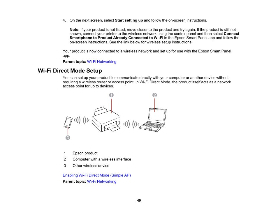 Wi-fi direct mode setup | Epson Expression Photo XP-8700 Wireless All-in One Color Printer User Manual | Page 49 / 350