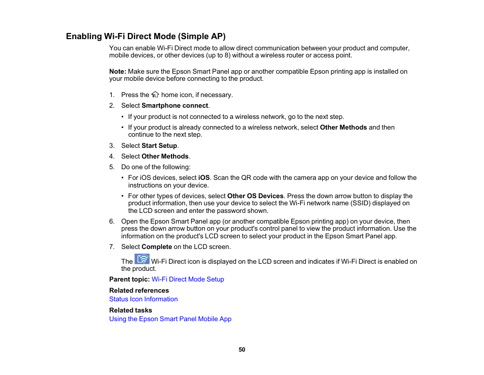 Enabling wi-fi direct mode (simple ap) | Epson Expression Photo XP-8700 Wireless All-in One Color Printer User Manual | Page 50 / 350