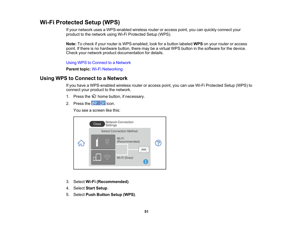 Wi-fi protected setup (wps), Using wps to connect to a network | Epson Expression Photo XP-8700 Wireless All-in One Color Printer User Manual | Page 51 / 350