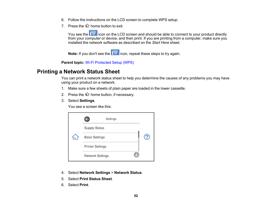 Printing a network status sheet | Epson Expression Photo XP-8700 Wireless All-in One Color Printer User Manual | Page 52 / 350