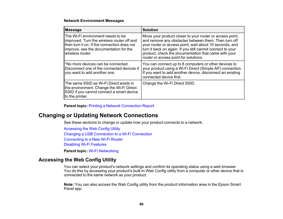 Changing or updating network connections, Accessing the web config utility | Epson Expression Photo XP-8700 Wireless All-in One Color Printer User Manual | Page 60 / 350