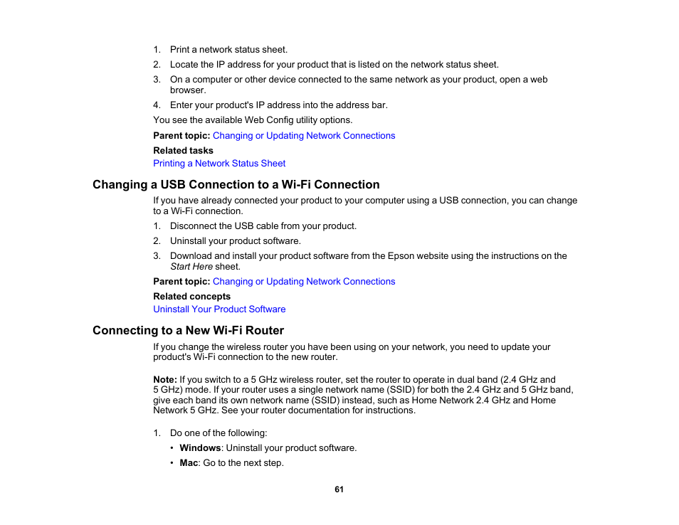 Changing a usb connection to a wi-fi connection, Connecting to a new wi-fi router | Epson Expression Photo XP-8700 Wireless All-in One Color Printer User Manual | Page 61 / 350