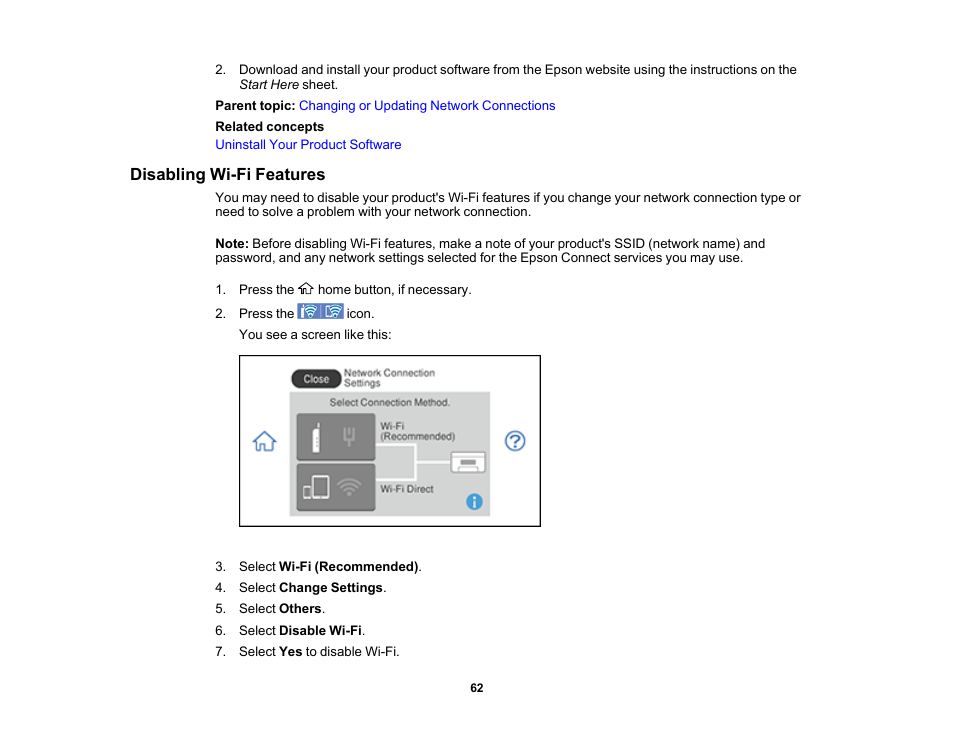 Disabling wi-fi features | Epson Expression Photo XP-8700 Wireless All-in One Color Printer User Manual | Page 62 / 350