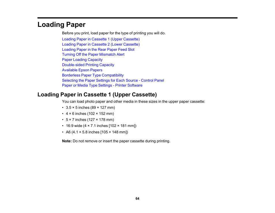 Loading paper, Loading paper in cassette 1 (upper cassette) | Epson Expression Photo XP-8700 Wireless All-in One Color Printer User Manual | Page 64 / 350