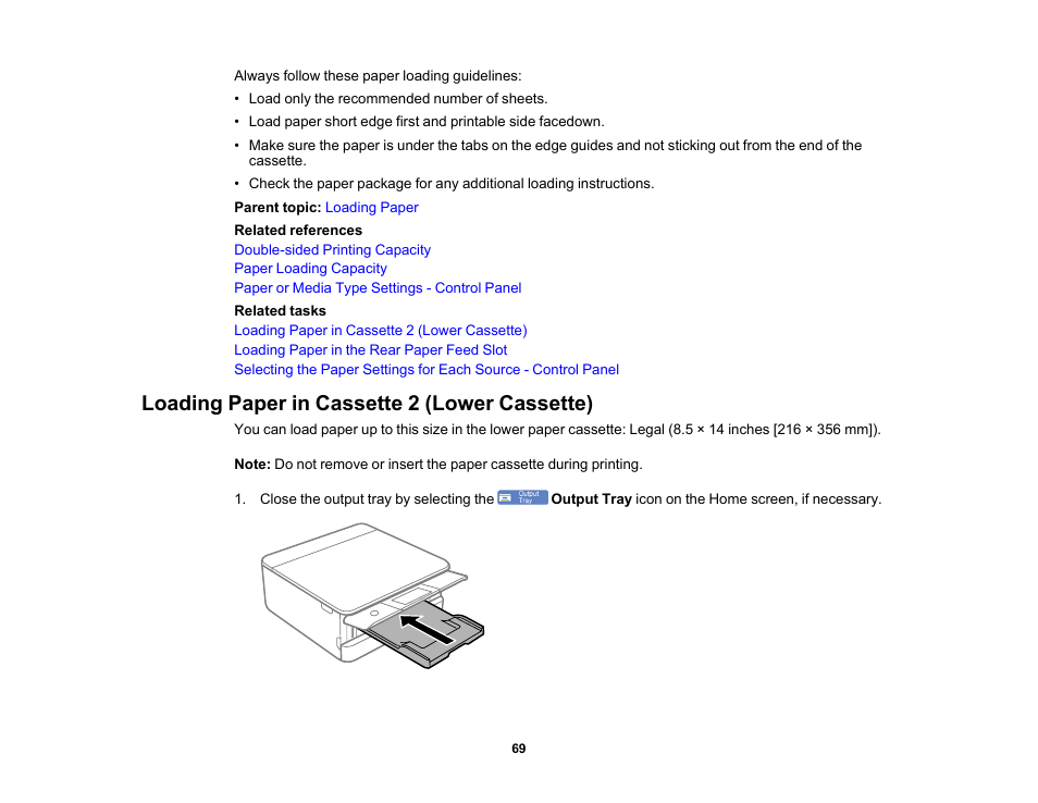 Loading paper in cassette 2 (lower cassette) | Epson Expression Photo XP-8700 Wireless All-in One Color Printer User Manual | Page 69 / 350