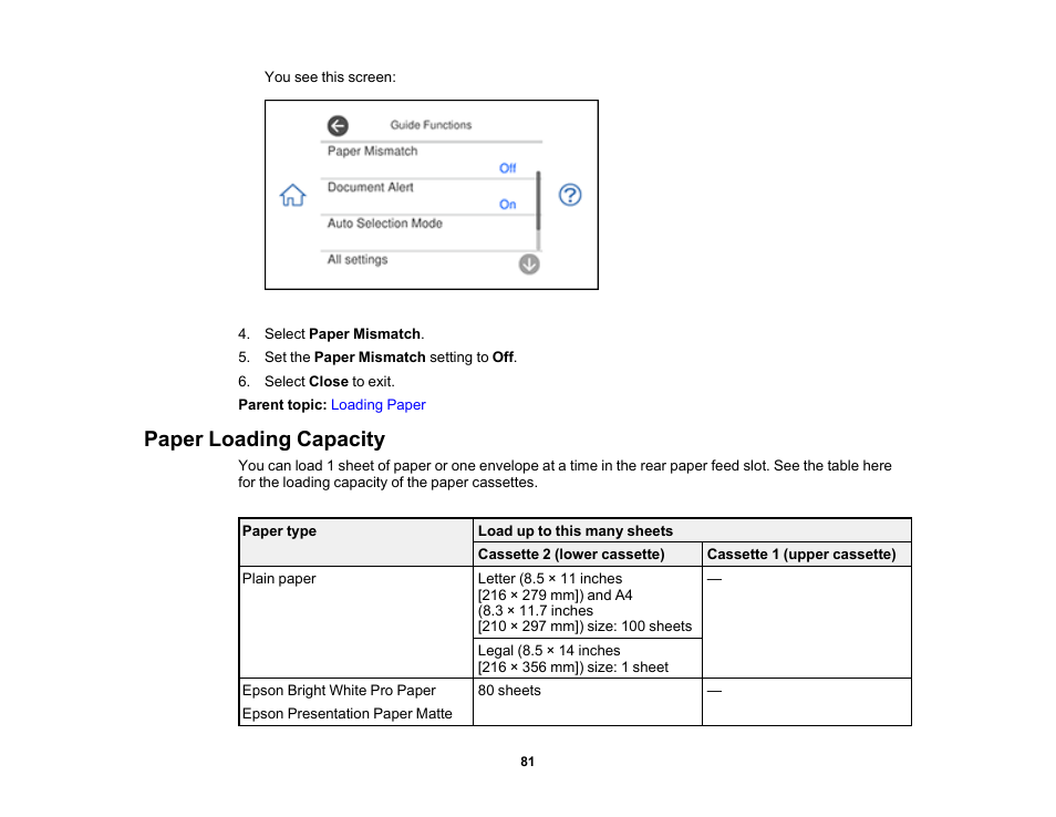 Paper loading capacity | Epson Expression Photo XP-8700 Wireless All-in One Color Printer User Manual | Page 81 / 350