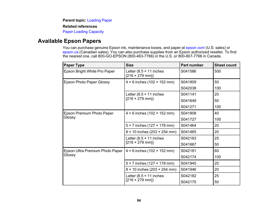 Available epson papers | Epson Expression Photo XP-8700 Wireless All-in One Color Printer User Manual | Page 84 / 350