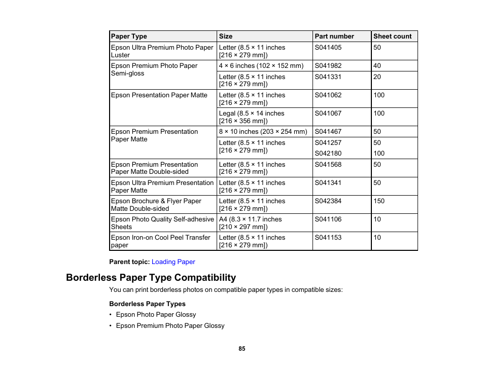 Borderless paper type compatibility | Epson Expression Photo XP-8700 Wireless All-in One Color Printer User Manual | Page 85 / 350