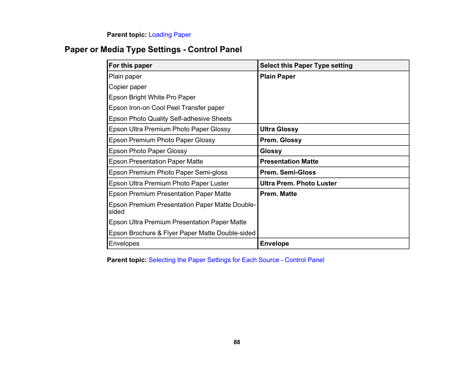 Paper or media type settings - control panel | Epson Expression Photo XP-8700 Wireless All-in One Color Printer User Manual | Page 88 / 350