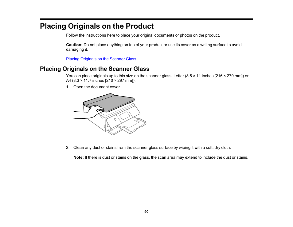 Placing originals on the product, Placing originals on the scanner glass | Epson Expression Photo XP-8700 Wireless All-in One Color Printer User Manual | Page 90 / 350