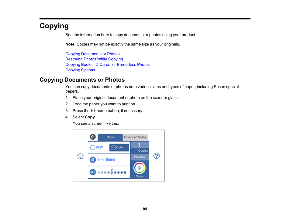 Copying, Copying documents or photos | Epson Expression Photo XP-8700 Wireless All-in One Color Printer User Manual | Page 94 / 350