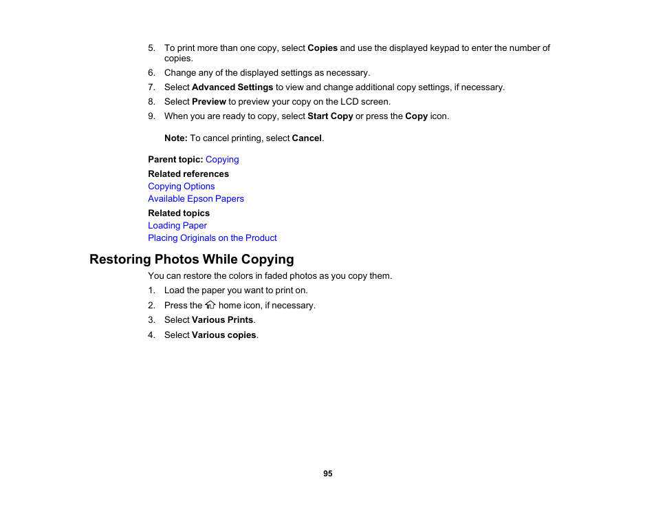 Restoring photos while copying | Epson Expression Photo XP-8700 Wireless All-in One Color Printer User Manual | Page 95 / 350