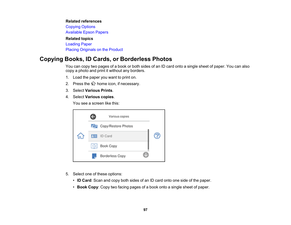 Copying books, id cards, or borderless photos | Epson Expression Photo XP-8700 Wireless All-in One Color Printer User Manual | Page 97 / 350